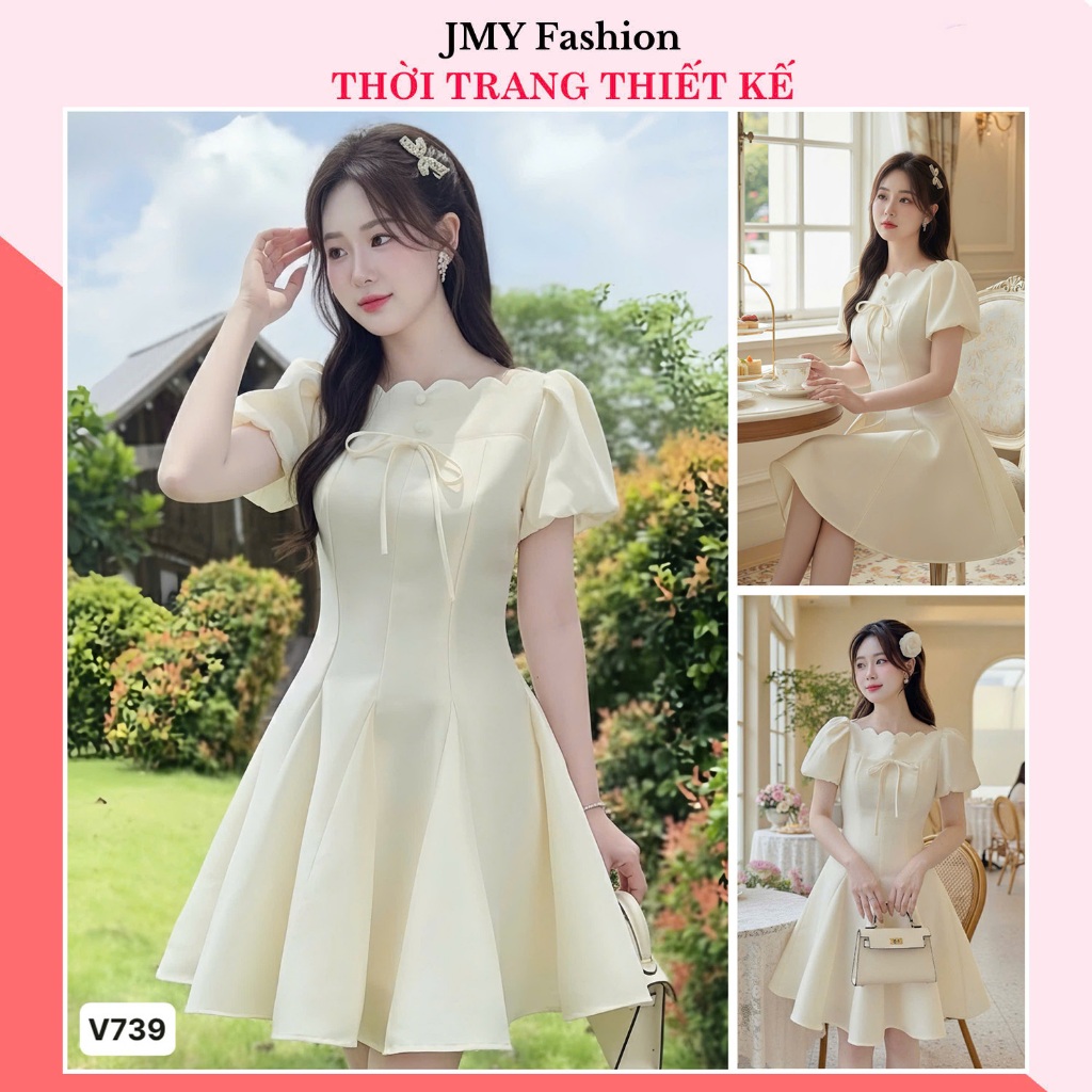 V739, RC815 ชุดเดรสสีครีมบานคอคลื่นสั้นของ Lady [TH HA LE]