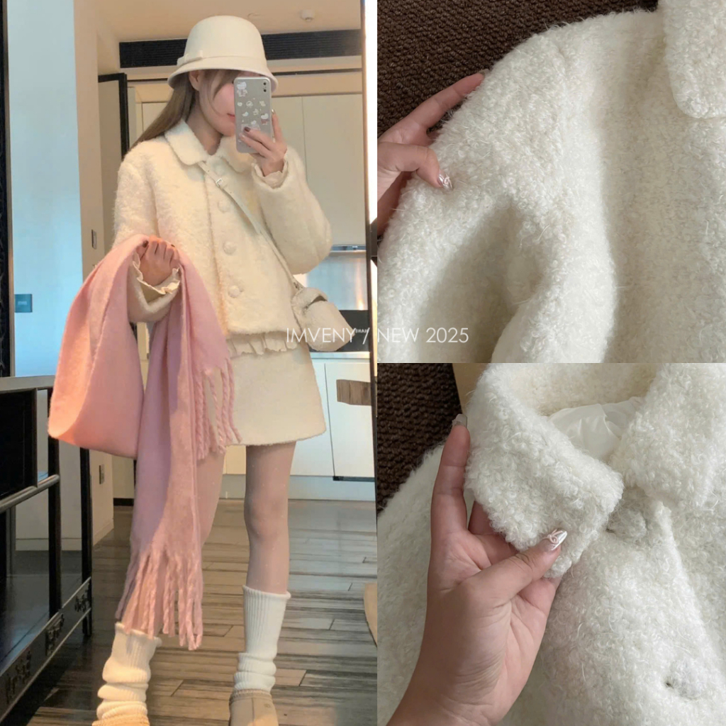 LUMI CHIC เสื้อแจ็คเก็ตสีขาว คอปกเลี้ยวสั้น AK05