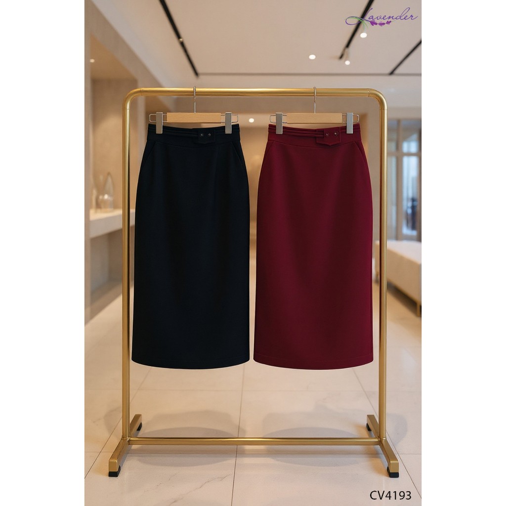 ลาเวนเดอร์ กระโปรงสํานักงานผู้หญิงทําจากผ้าทอลายทแยงเรียบคุณภาพสูงตกแต่งด้วยสายรัดแนวนอนหรูหรา 2 เส้