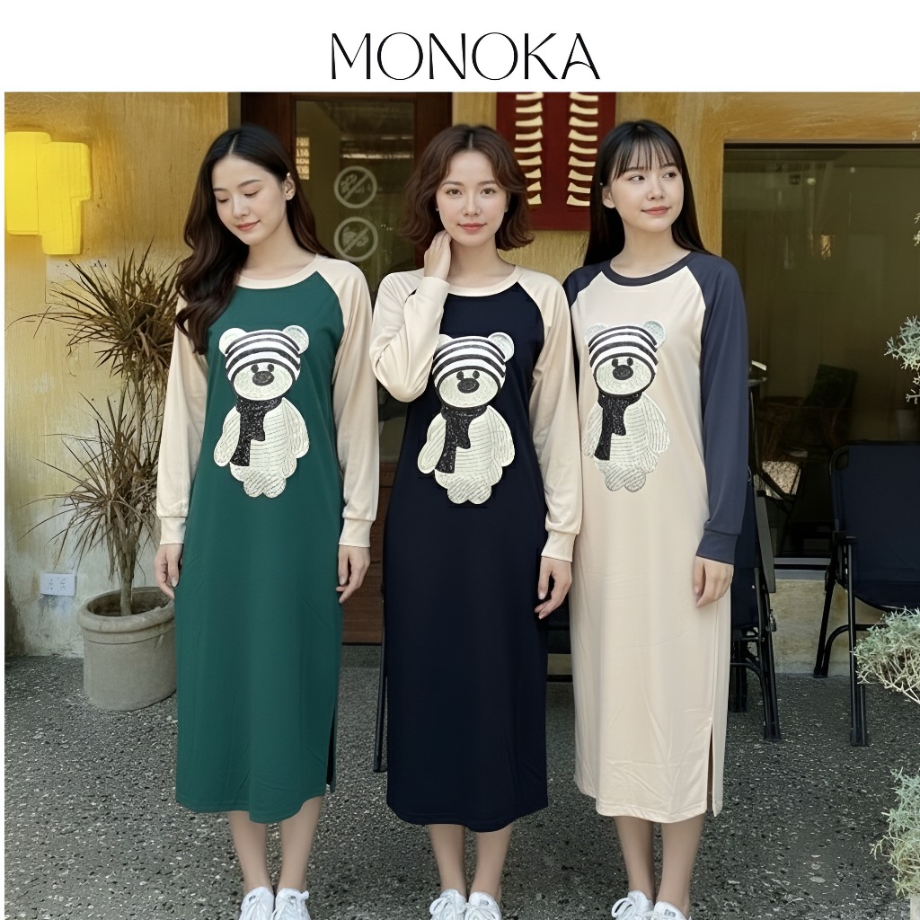 เดรสแขนยาวคอปกไม่มีหมีใส่หมวกสีแร็กแลนแขน ชุดเดรสคลุมท้องอ้วนไซส์ใหญ่ผู้หญิงน่ารัก ที1437ก