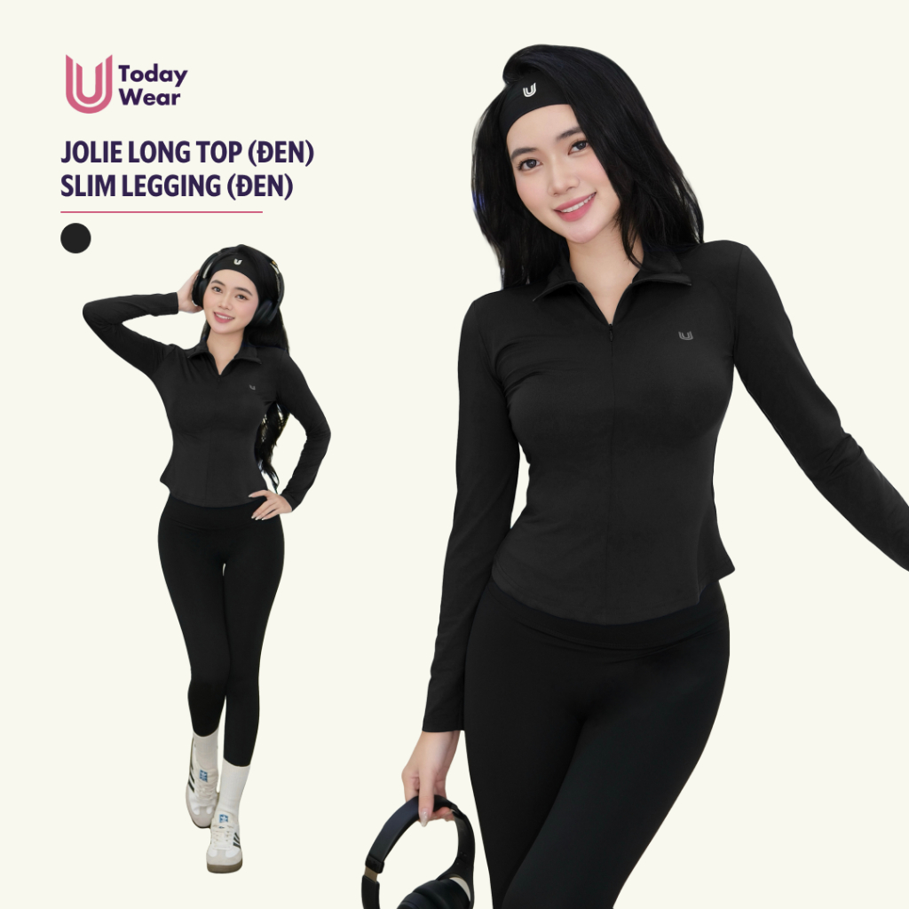 [FALL WINTER - OPENING DEAL] ชุดออกกําลังกาย Jolie Long Top ผสมเลกกิ้ง Slim สีดํา วันนี้ U สวมเข้ากั