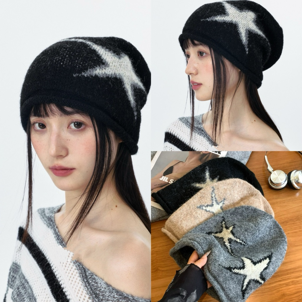 NARCIÉ STUDIO - หมวกบีนนี่ทรงกว้างลายดาวเพื่อให้อบอุ่นในฤดูหนาว สไตล์ Y2K เทรนด์มาแรง 2025 M118