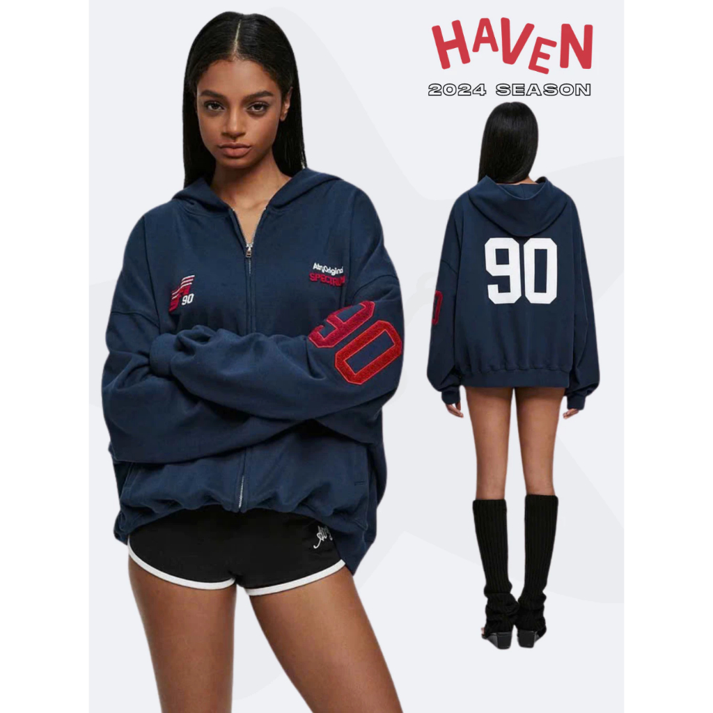 Haven Studio bigsize boxy Zip Hoodie สําหรับผู้ชายและผู้หญิงรู้สึกปูปักหลวม สีดํา เทา น้ําเงิน ดํา