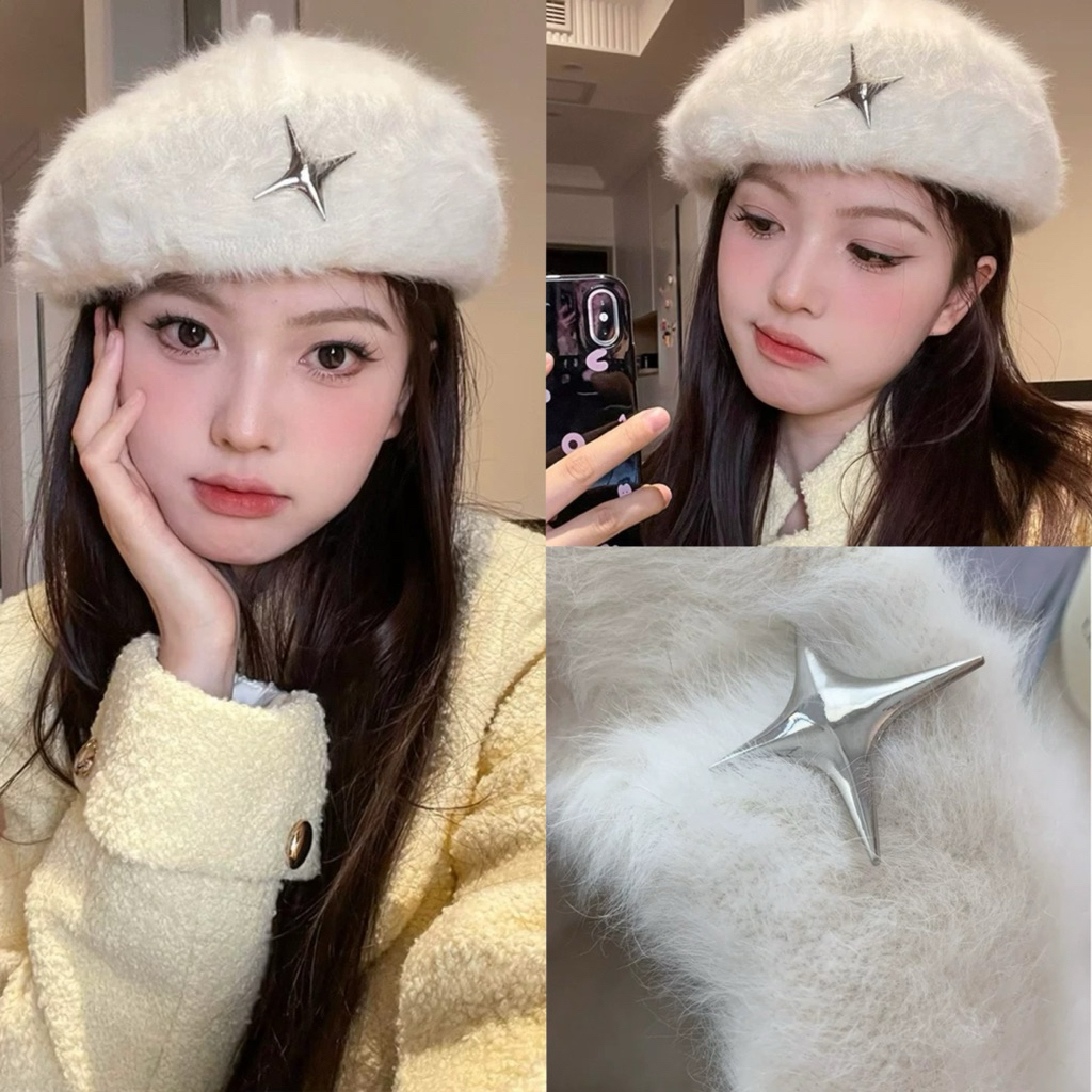 NARCIÉ STUDIO - หมวกเบเร่ต์ขนสัตว์มีลายเพื่อให้อบอุ่นในฤดูหนาว สไตล์ Y2K เทรนด์ร้อนแรง 2025 M074