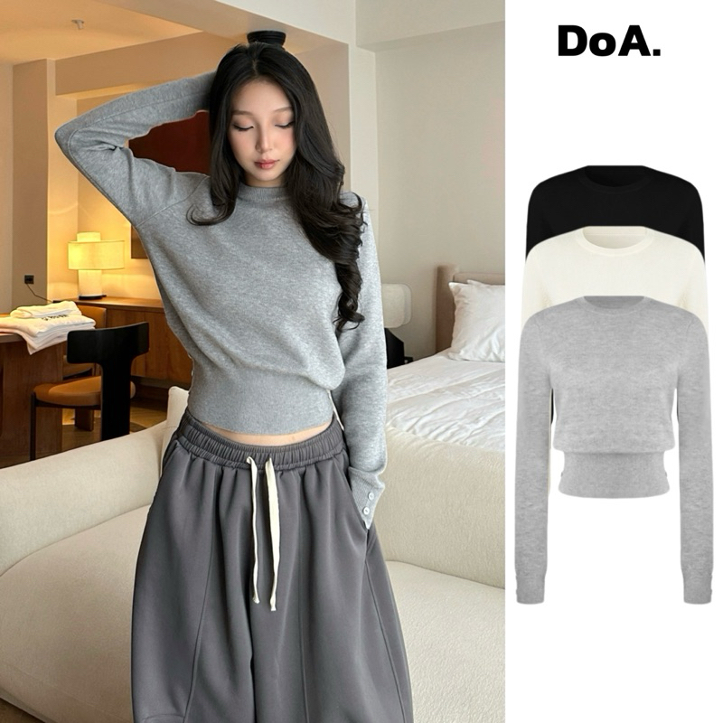 โดเอ สไตล์ เสื้อสเวตเตอร์คอกลมมีกระดุมเสื้อถักผู้หญิงฤดูใบไม้ร่วงและฤดูหนาวใหม่