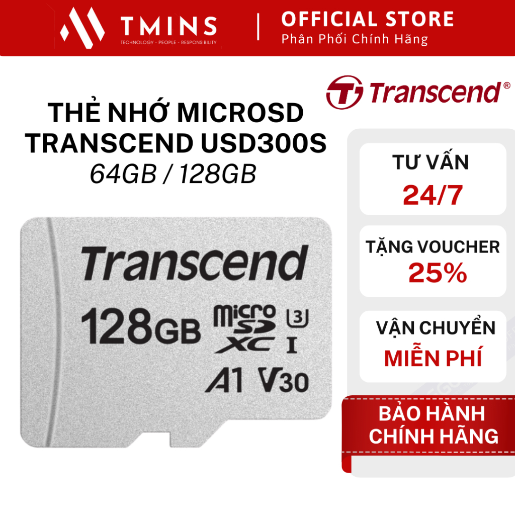 Transcend USD300S การ์ดหน่วยความจํา MicroSD 64GB / 128GB Class 10 upto 100MB/s - 3 ปี
