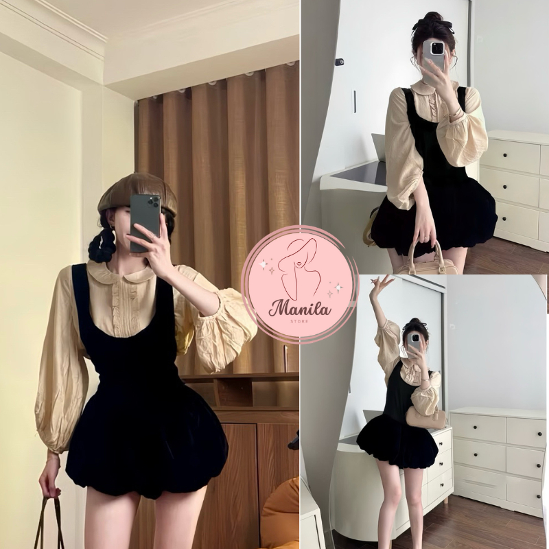 Set เสื้อแขนระบายคอปกบัวผสมเสื้อชั้นในสตรีกํามะหยี่ 2 ชั้น -MB226 MANILA