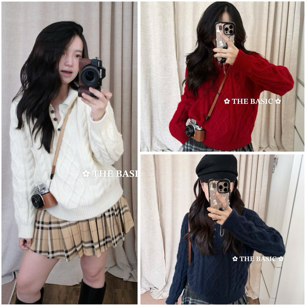 Aime Ssu TB QC เสื้อสเวตเตอร์กระดุมคอปกบิด -