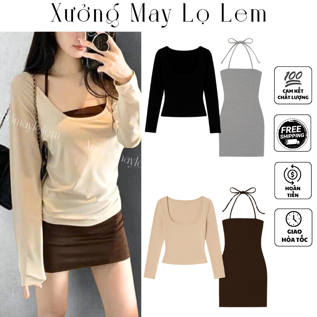 (HCMC EXPRESS) ชุดเดรสคอเชือกแขวนคอ + ชุดเสื้อยืดคอ U (รูปถ่ายจริงครอบคลุมพื้น) K6644_XUONGMAYLOLEM