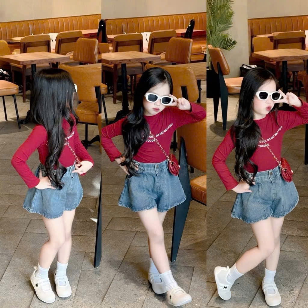 เสื้อผ้าเด็กผู้หญิง -ชุดเสื้อแขนยาวผ้าฝ้ายและกางเกงยีนส์สั้นสําหรับเด็กผู้หญิงตั้งแต่ 1 ปีถึง 7 ปี