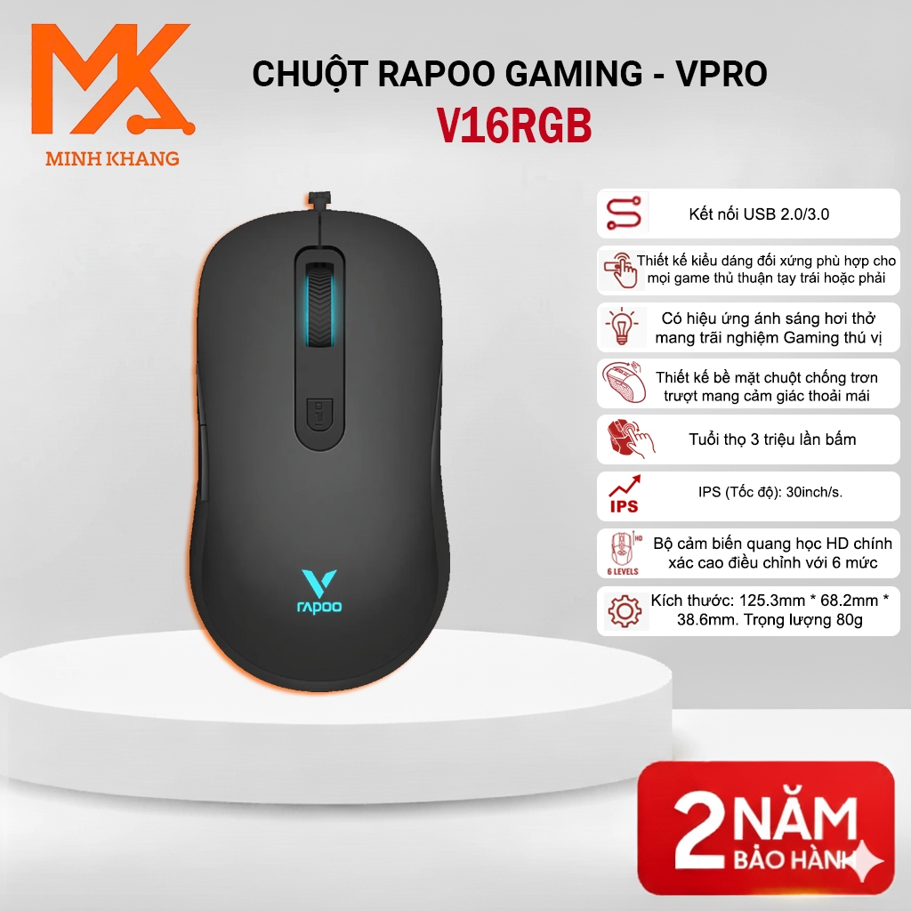 เมาส์สําหรับเล่นเกม Rapoo V16 RGB – เซ็นเซอร์ออปติคอลความแม่นยําสูง – RGB LED เปลี่ยนสีได้