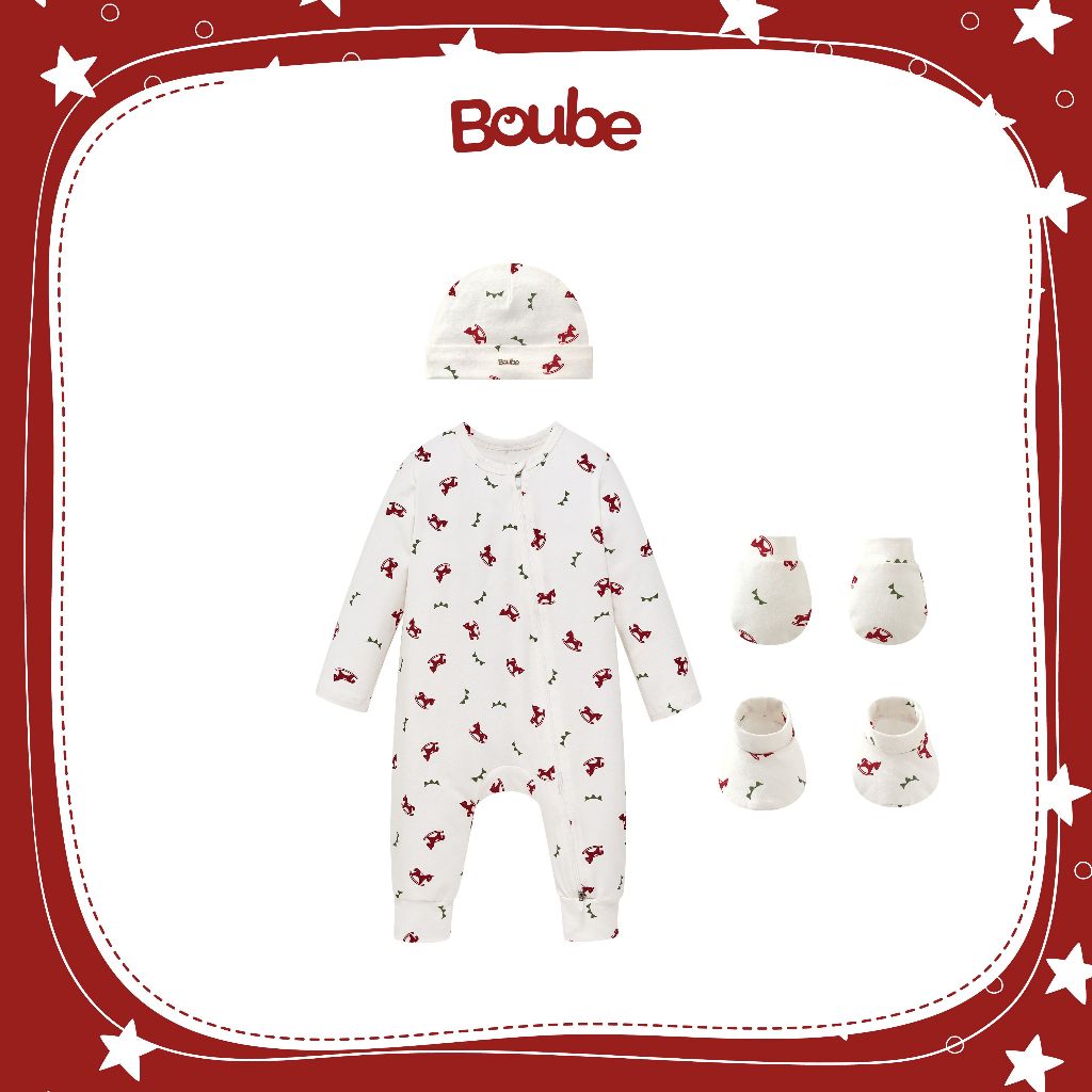 บอดี้สูทซิปยาวลายม้าไม้ เด็กแรกเกิด เด็กผู้ชาย เด็กผู้หญิง โบube ผ้าคอตตอน ขนาด 0-12 เดือน