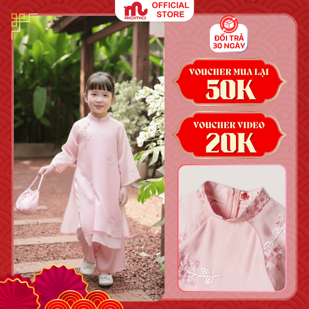 [TET collection 2026] Riomio girls นวัตกรรม ao dai Hoa luc ผ้าไหมปักดอกไม้ คอหรูหรา พร้อมสร้อยคอดอกบ