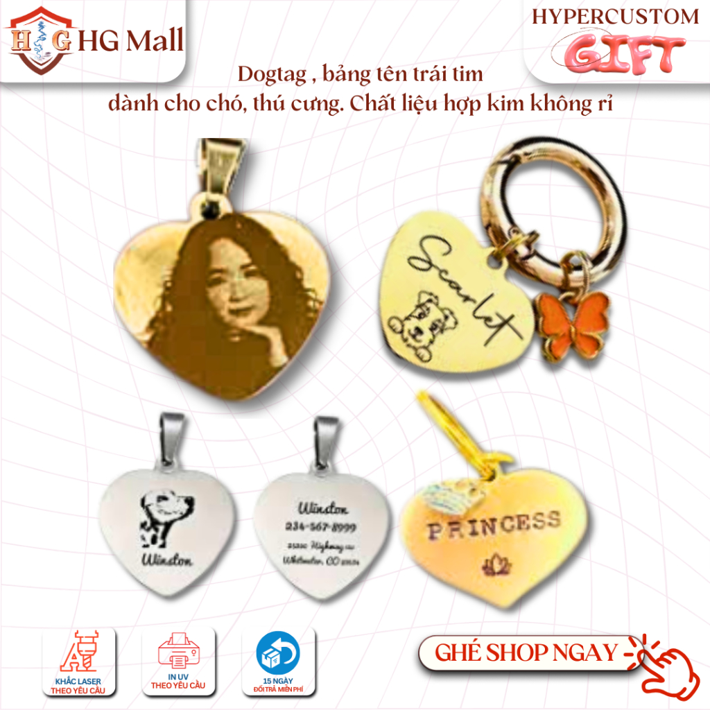 ป้ายชื่อสัตว์เลี้ยง โลหะผสมรูปหัวใจ HG MALL ขอแสดงด้วยเลเซอร์ ป้ายชื่อ/รูปภาพ/ป้ายชื่อ Icon สําหรับส