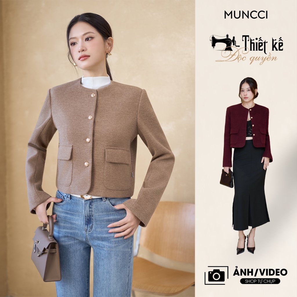 MUNCCI เสื้อคลุมตัวสั้นคอปกผู้หญิงสีน้ําตาล/แดงหรูหรา, แฟลต, ง่ายต่อการพิกัด MNA002
