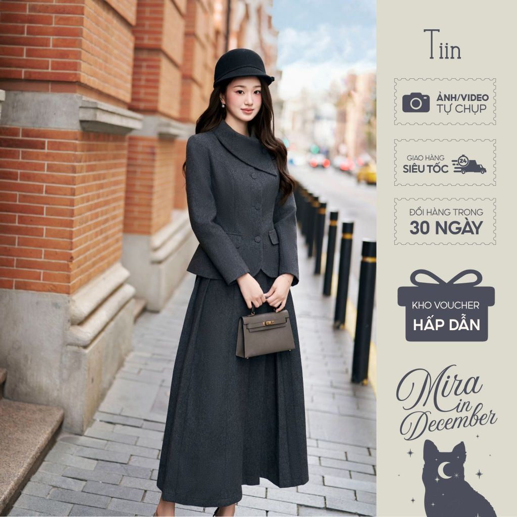 [Mira collection] TINSTORE ชุดราตรีดีไซน์คอปกและกระดุมเย็บด้วยกระโปรงราตรีจับจีบหรูหรา ADD.2510.369 