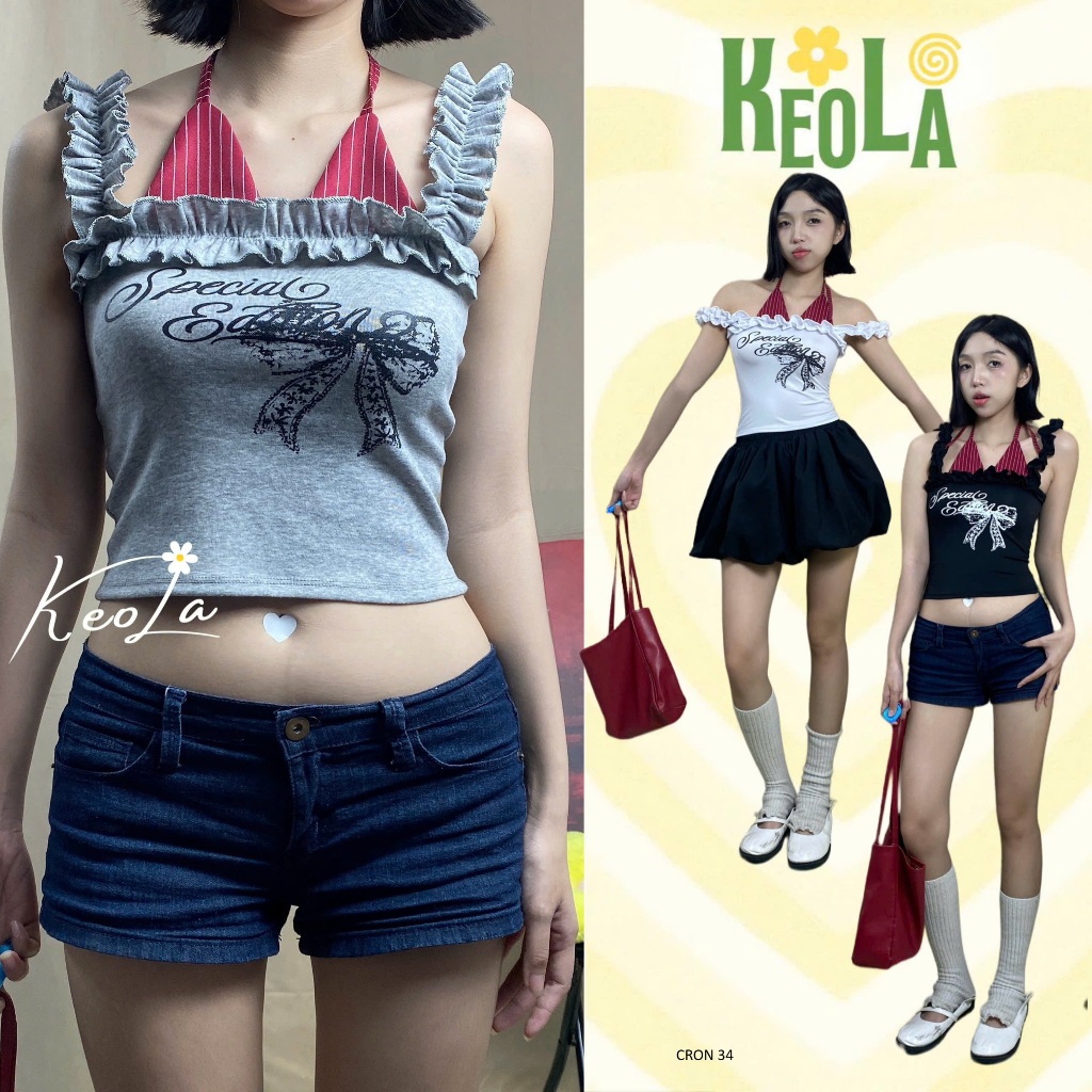 KEOLA เสื้อครอปสองสายพร้อมบราสามารถใส่แบบปาดไหล่หรือสายเดี่ยวผูกคอได้ y2k 2A CRON 34