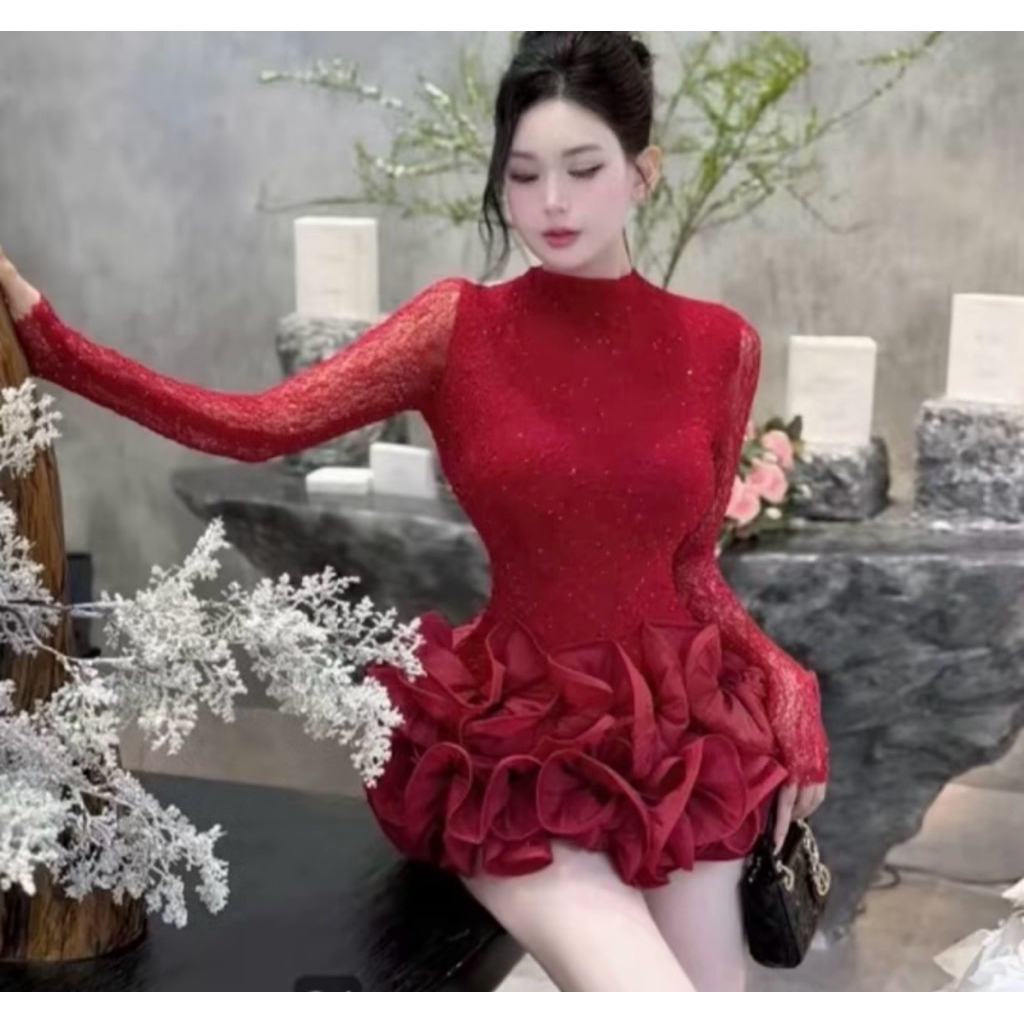 (ผลิตภัณฑ์มาตรฐานจาก) LUXURY PARTY LONG SLEEVE DRESS WITH Rhinestones (กางเกงสําเร็จรูป INCLUDED)