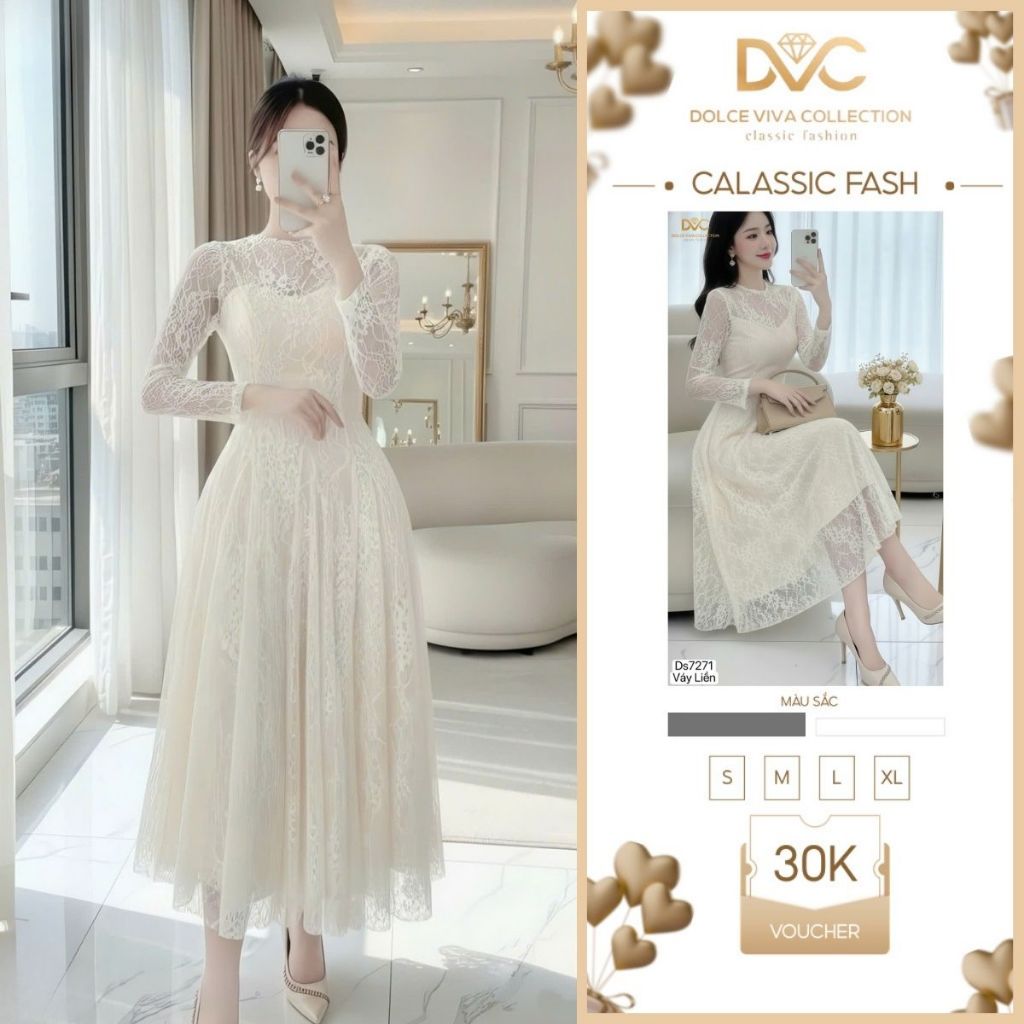 Feminine Cream White Lace Party Dress แขนยาว Midi – Muse Dress DS7271