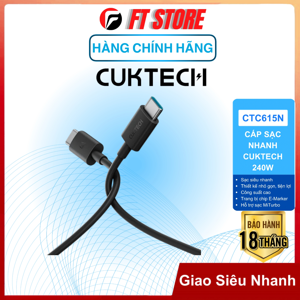 Cuktech CTC615N 240W 6A Type C สายชาร์จเร็วยาว 1.5 ม. สําหรับแล็ปท็อป โทรศัพท์ - ของแท้