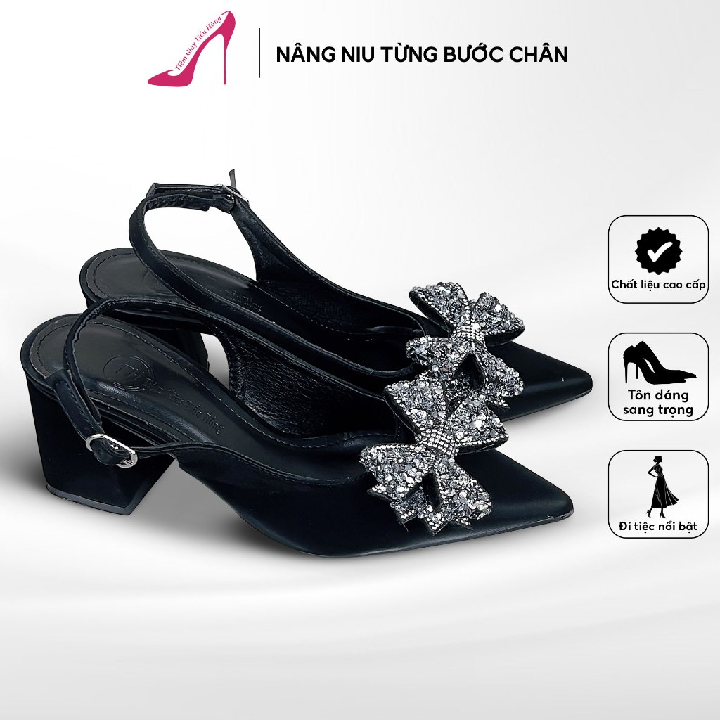รองเท้าส้นสูงผ้าไหมกํามะหยี่เนื้อนุ่มสําหรับผู้หญิง โบว์นางฟ้า Bling ส้น 5p/7p/9p | ร้านรองเท้า Tieu