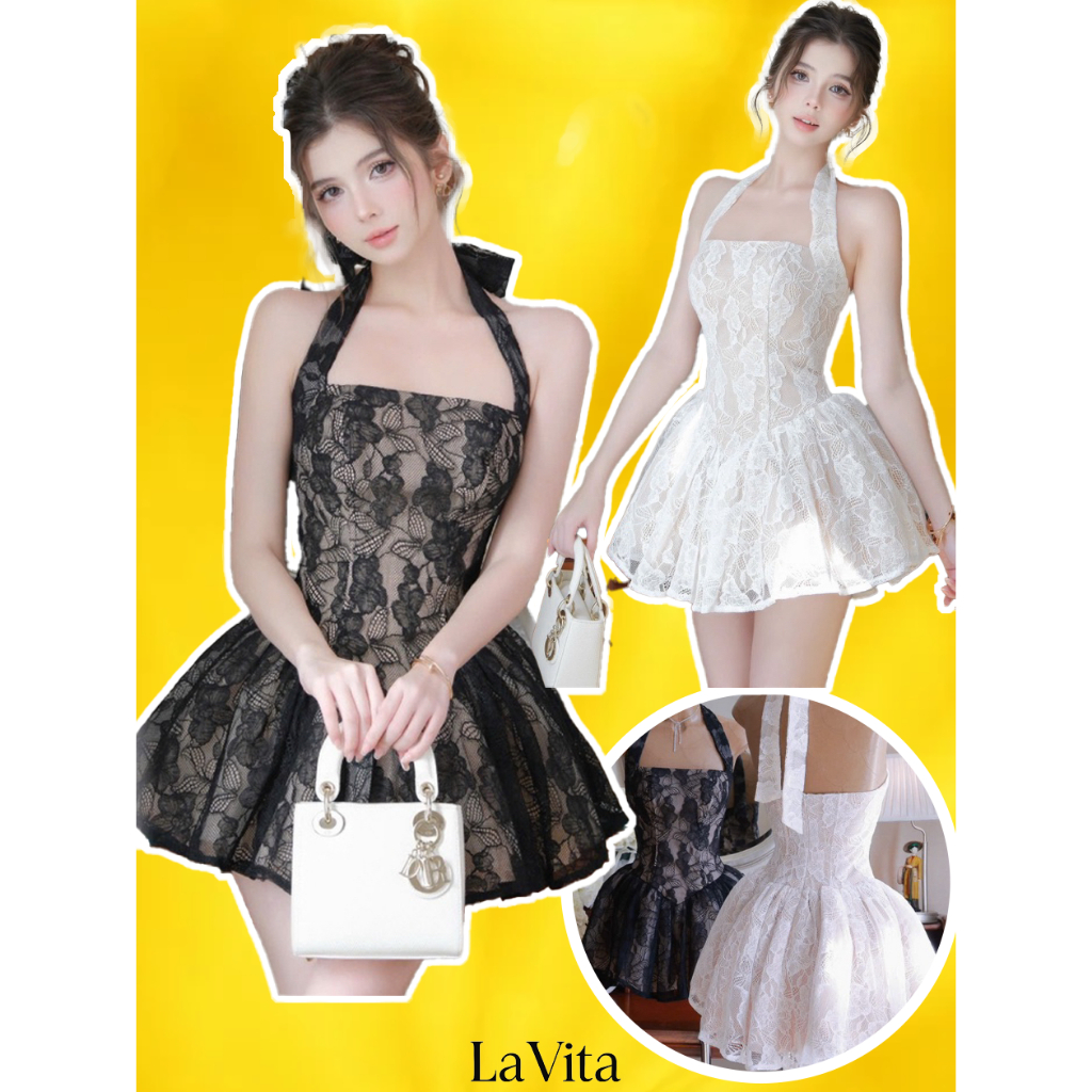 เดรสลูกไม้หรูหลังเกาะอกคล้องคอ 🔥ลูกไม้กุหลาบ🔥 บานไซส์ใหญ่ A สําหรับงานแต่งงานสุดหรู EDNA