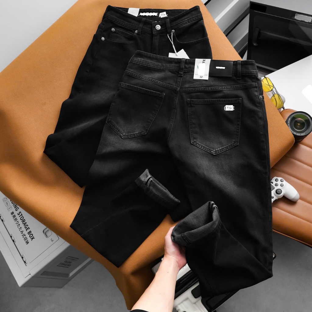 กางเกงยีนส์ผู้ชาย CX008 Black Light Smoke Wash, กางเกงยีนส์ผ้ายีนส์ผ้าฝ้ายยืด, รูปแบบสลิมฟิต