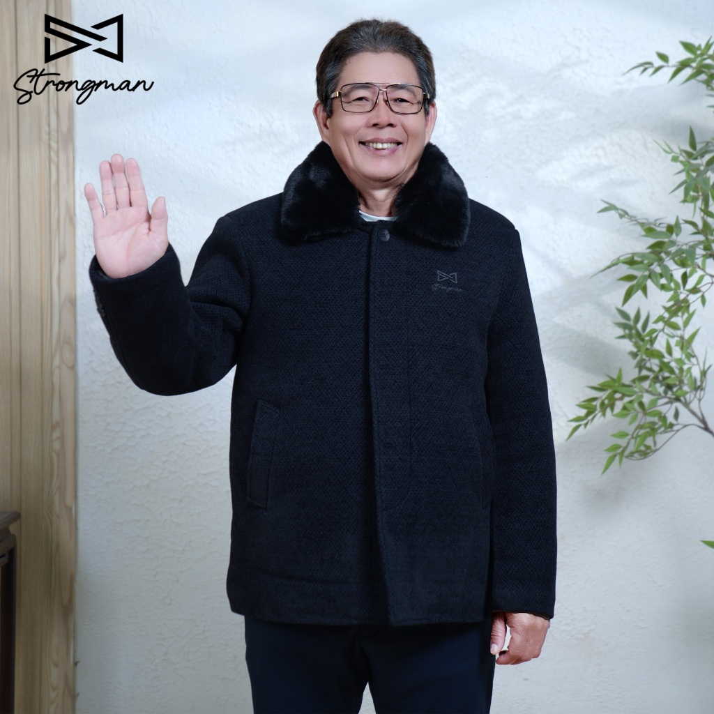 STRONGMAN Middle-Aed Mens Long Fleece-Lined Evening Jacket - หรูหรา - ซับขนสัตว์แบบถอดได้ที่คอ AKD-0
