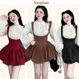 Set Yếm Ngắn Phối Áo Sơmi Tay Bồng Style Hàn Quốc Kieupham.shop
