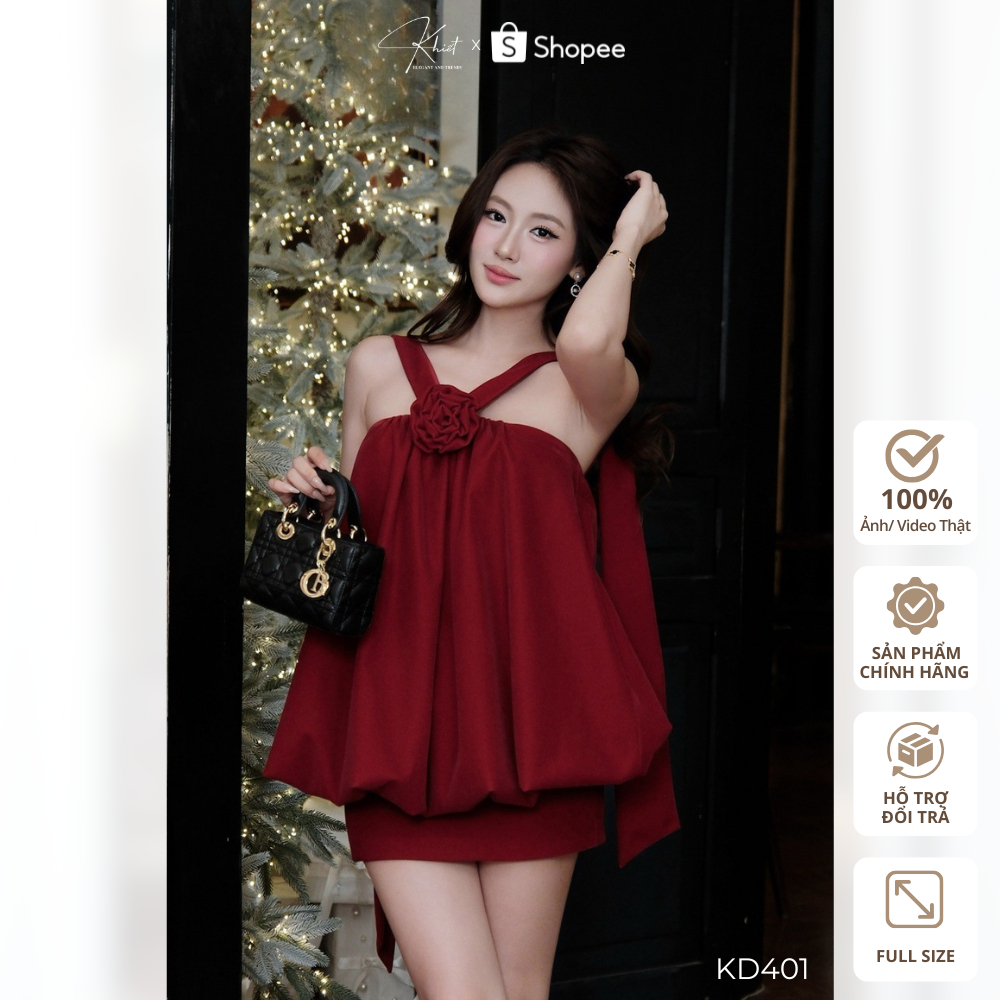 Khiet Style babydoll เดรสสั้นกํามะหยี่คล้องคอและ แอพดอกไม้ 3 มิติ สไตล์เลดี้สุดหรู KD401