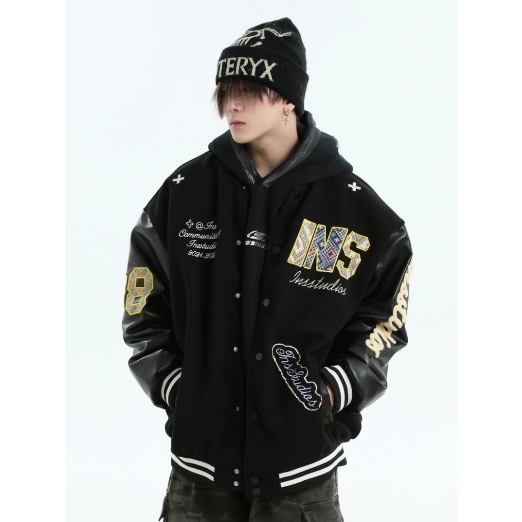 Bomber Varsity Jacket Unisex หนังหนาผู้ชายและผู้หญิงและ Felt INS Damsbagoos บุคลิกภาพสไตล์ Streetwea