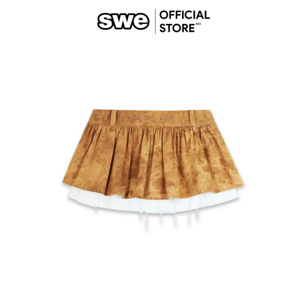 แบรนด์ท้องถิ่น SWE RUSTED LAYER MINI SKIRT Womens Two-LAYER Short SKIRT - สีน้ําตาล