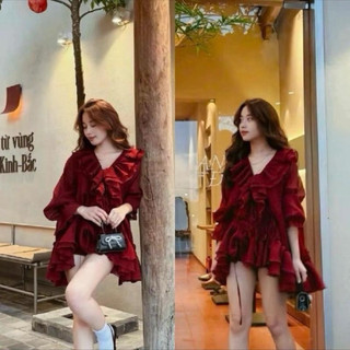 [BÈO BÉO BIGSIZE ] ÁO VÁY CỔ V BÈO BO CHUN DÁNG BABYDOLL TAY DÀI BUỘC NƠ FORM BIGSIZE 60-90KG