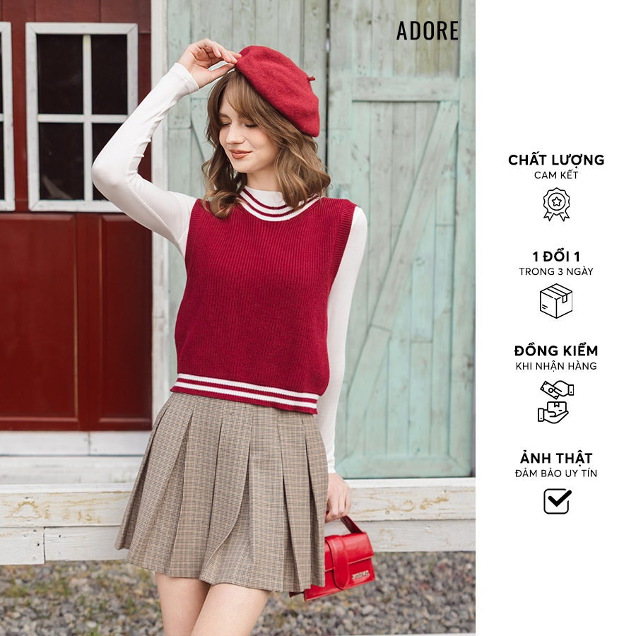 512KN2002 - ADORE เสื้อกั๊กไหมพรมคอกลมสีแดงและสีขาว