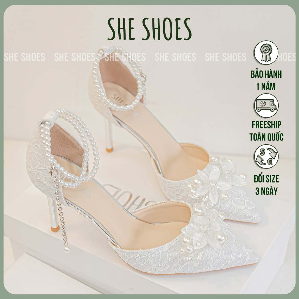 Cam Quy รองเท้าแต่งงานลูกไม้ลายดอกไม้พร้อมสร้อยคอมุก 8p - GC08020