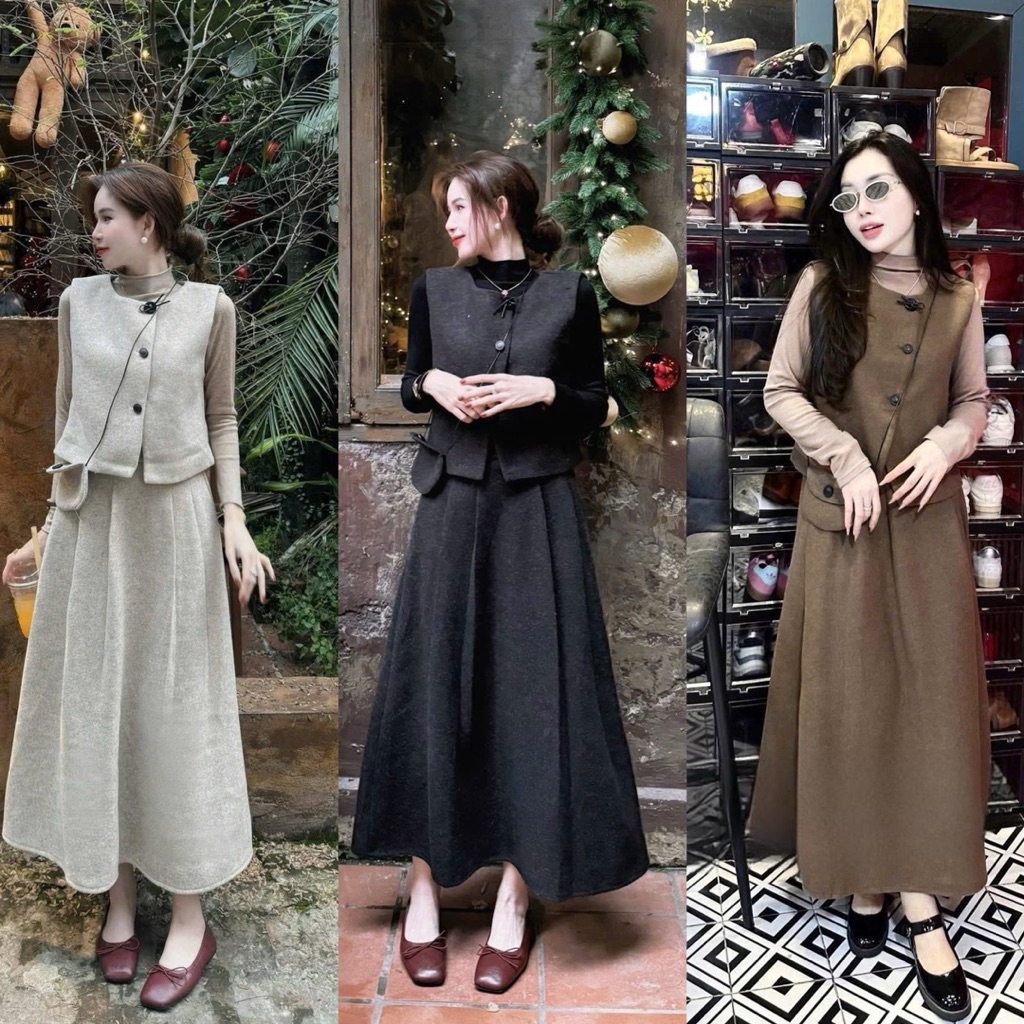 [ส2.4237] ชุดชุดราตรีทําด้วยผ้าขนสัตว์ 4 ชิ้นเสื้อกันหนาวคอเต่าผสม + กระโปรงบานยาวพร้อมกระเป๋าสะพายข้างใน 4 สีสุดน่ารัก