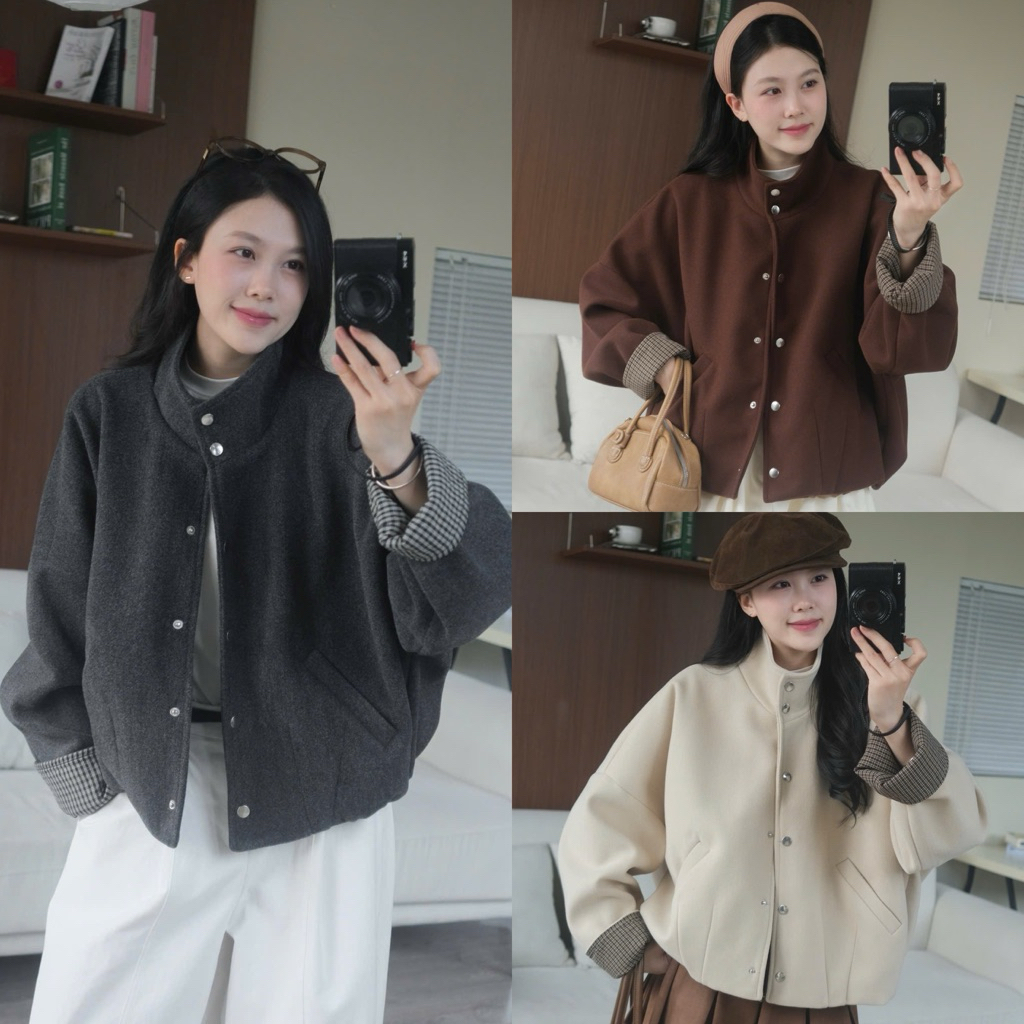 (มีจําหน่าย - สินค้ามาตรฐาน TSW) เสื้อแจ็คเก็ตดาวน์กระดุมคอปกสูงของผู้หญิงแขนลายตารางหมากรุก the.swe