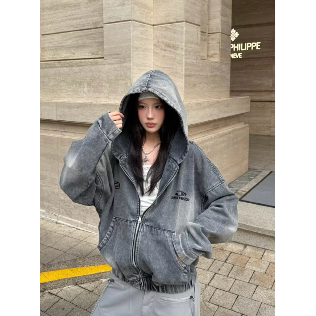 YICI Unisex Wide Jean Hat Jean Jacket สําหรับผู้ชายและผู้หญิง - Jejul wash denim Jacket