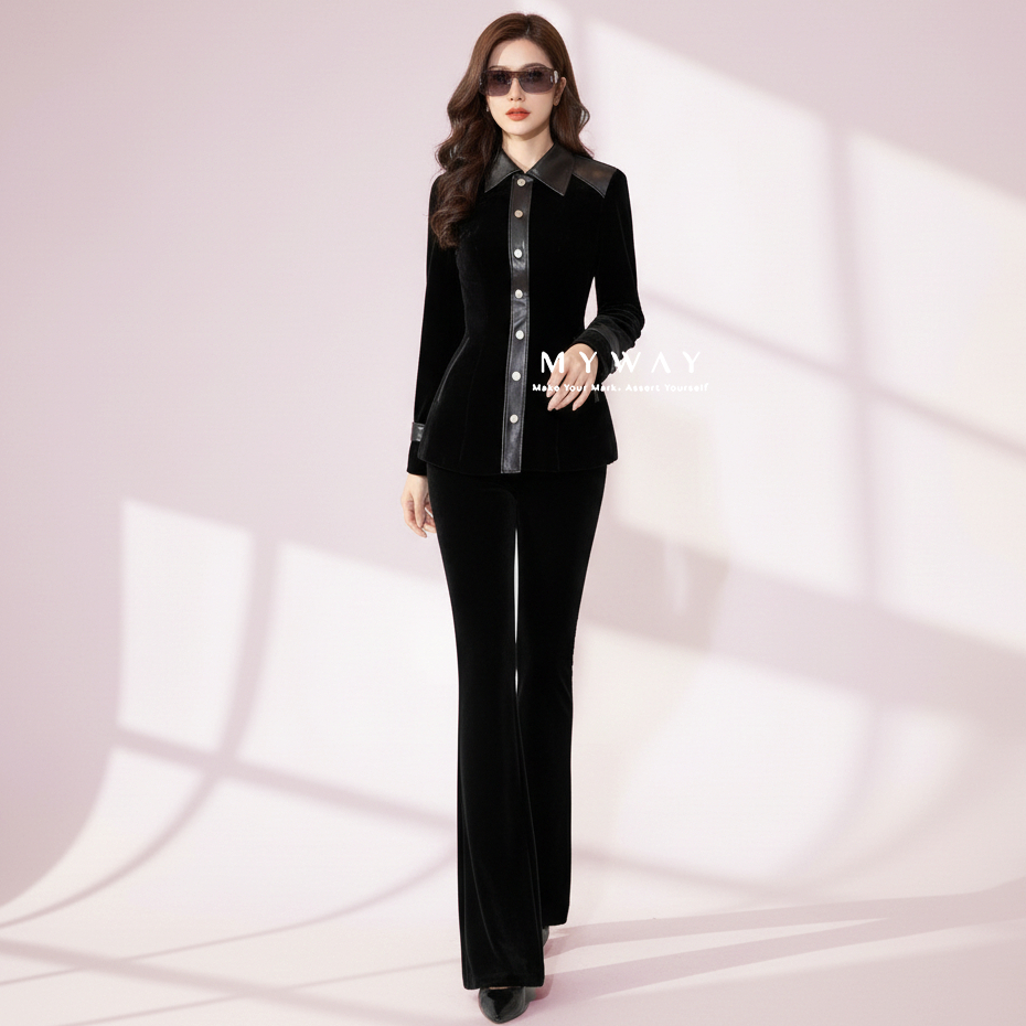 เสื้อกั๊กคอปกเยอรมันยาวพร้อมหนังและกางเกงขาบานกํามะหยี่สีดําหรูหรา 3MVB0221W - 3MQB0102W