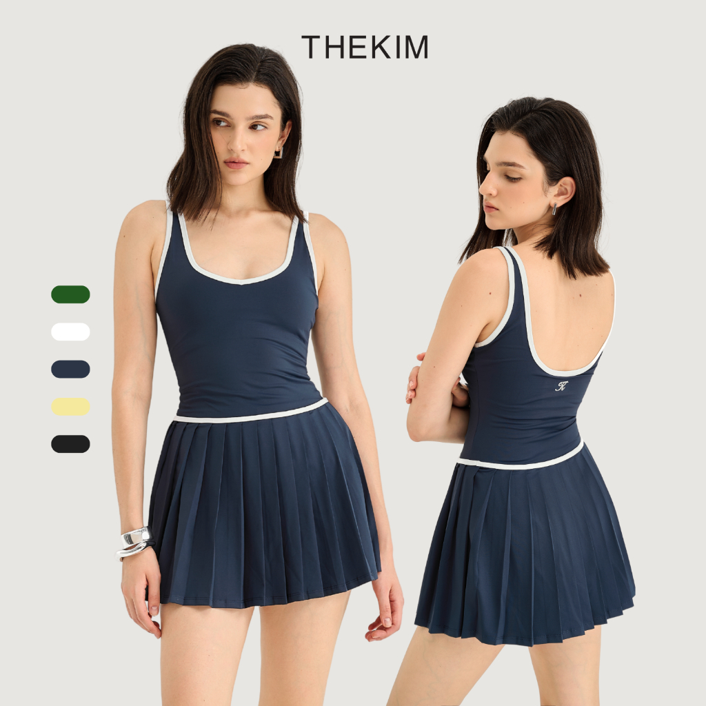 THEKIM Set กระโปรง Pickleball 2 สาย มีกุ๊น (มีแผ่นรองนมและกางเกงกัน) พร้อมที่คาดผม กระโปรงพลีทหลังเต