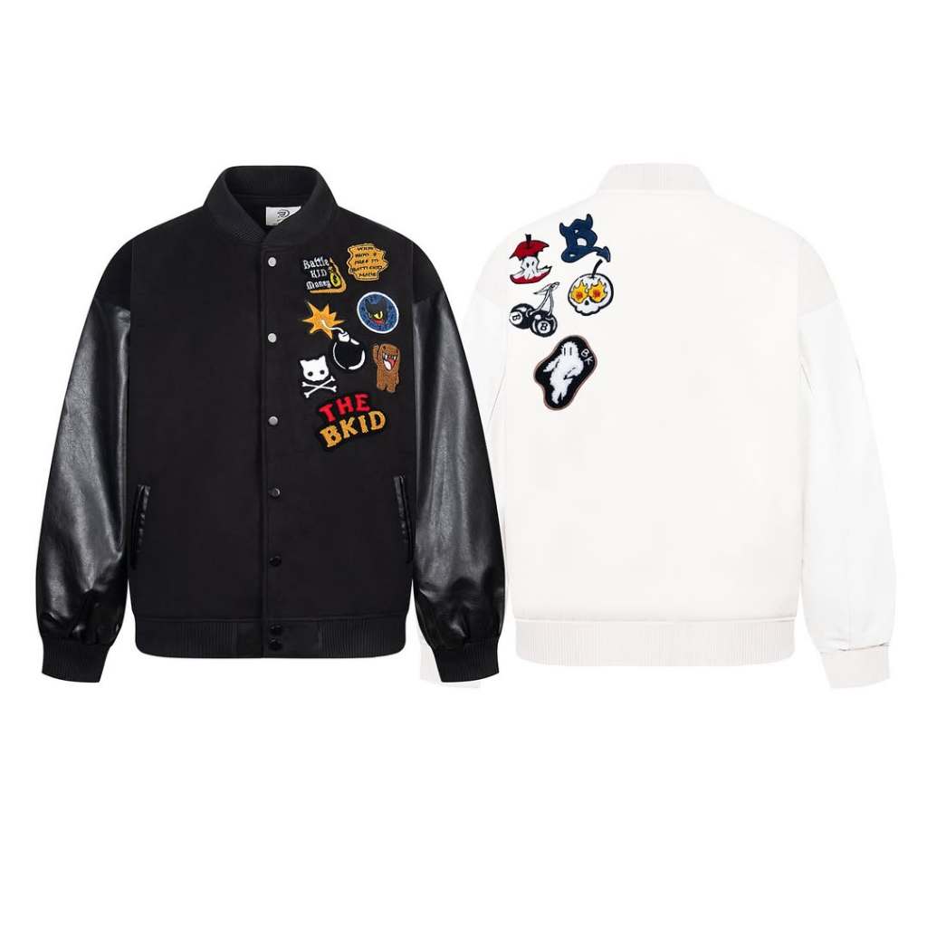 The BKID Bomber Varsity Jacket ผู้ชายและผู้หญิง Unisex Felt หนังโลโก้ปัก 2 ชั้น