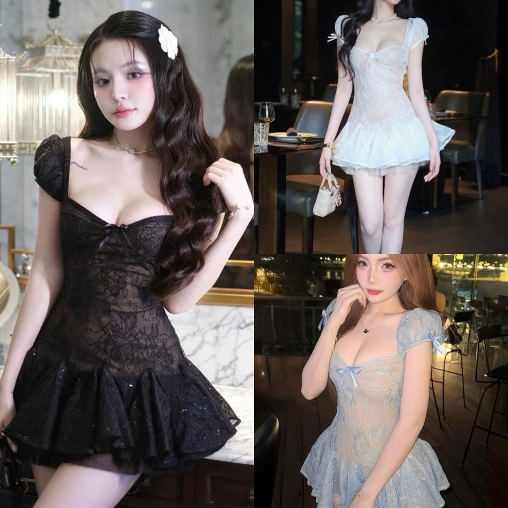 เดรสบานสั้นมีโบว์และตาข่าย เดรสเลดี้บานสั้นพร้อมกางเกง by Umie.shop