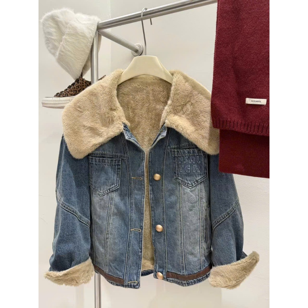 XONXEN SHOP เสื้อแจ็คเก็ตยีนส์บุขน PCT คอปกจับจีบและแต่งขอบสีน้ําตาล รหัส 88151