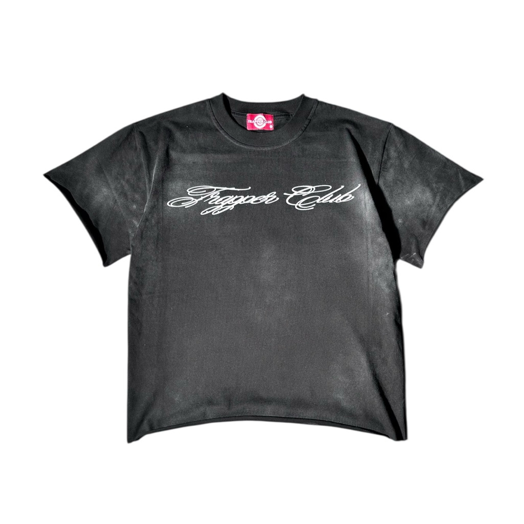 Boxy Over เสื้อยืดสีดําย้อมผู้ชายผู้หญิงผ้าฝ้าย 250gsm Basic "Tracker club" TRAPPER CLUB