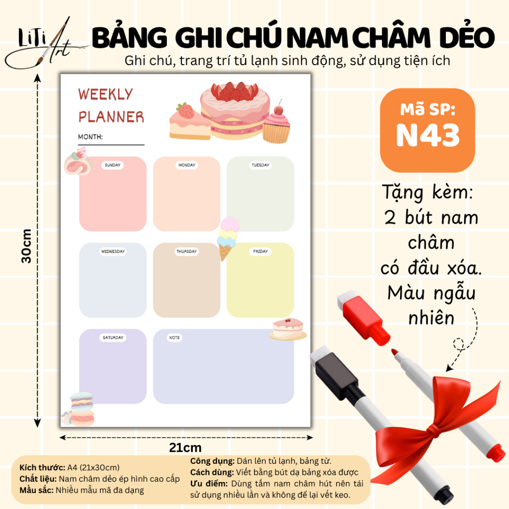 [FREE 2 MAGNETIC PENS] - กระดานโน้ตแม่เหล็กตกแต่งตู้เย็น Weekly Planer ขนาด A4