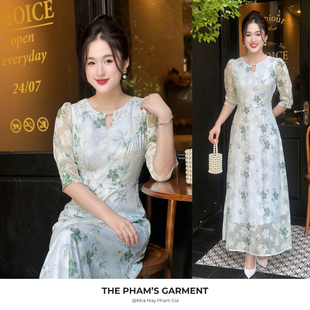 แม็กซี่เดรสผ้าไหมอัดคุณภาพสูงดอกเทอร์ควอยซ์ - รหัส PG123 - Pham Gia Tailor