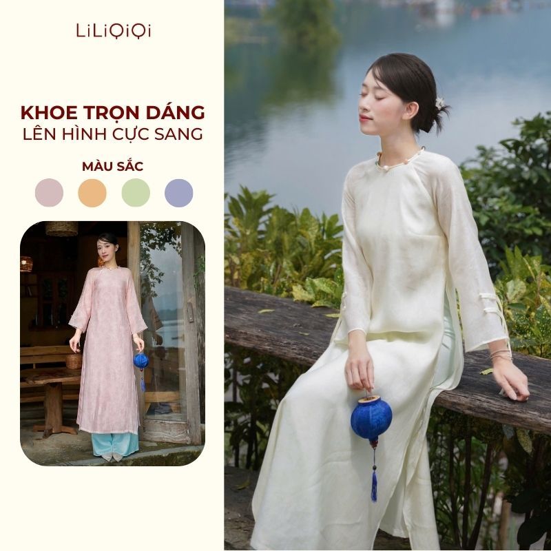 [KOL] ผู้หญิงแบบดั้งเดิม Ao Dai พร้อม Crep ผ้าไหมรอบคอแจกันแขนยาว LiLiQi By LeeGi - AD839