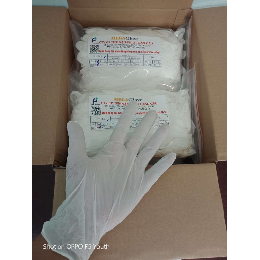 กล่อง 5 กก. แล้วแต่ขนาด 100% ใหม่ Megaglove White Nitrile ถุงมือแพทย์ ไซส์ XS,S,M,L,XL