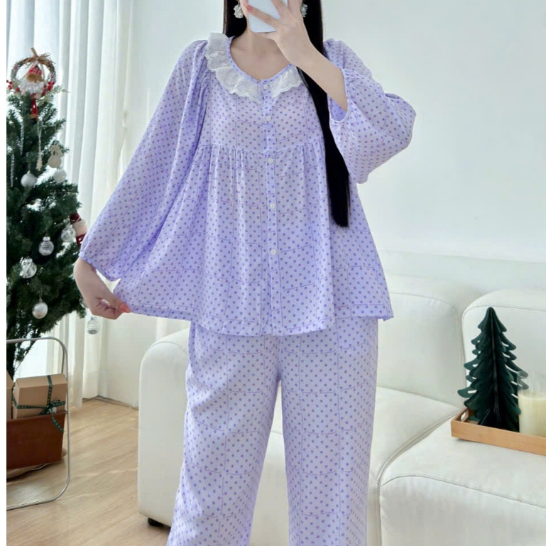 BBD Tole Set กางเกงขายาวคอปกลูกไม้และปุ่ม