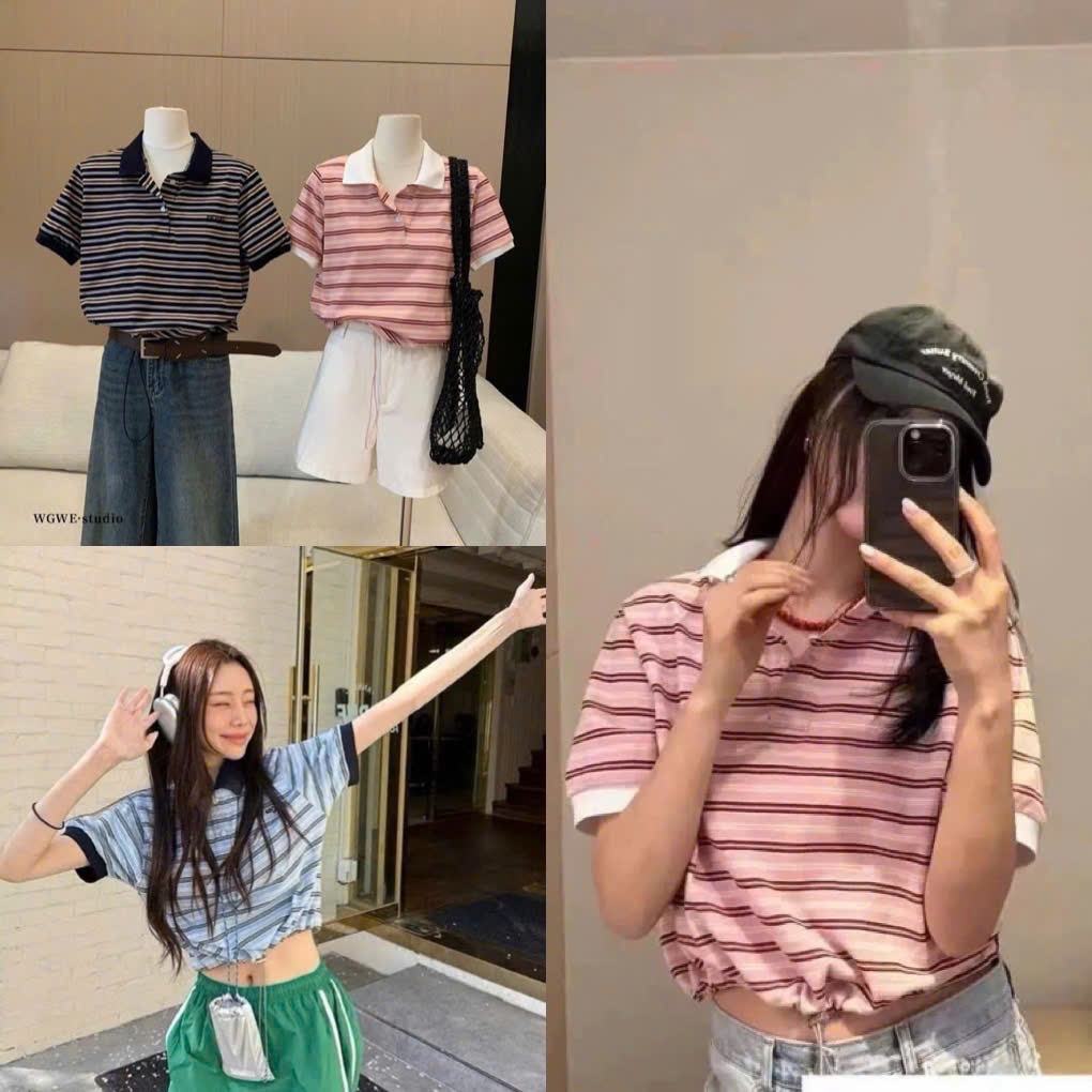 [WGWE] เสื้อโปโล wgwe ลายทาง สไตล์เกาหลี สําหรับผู้หญิง W6483